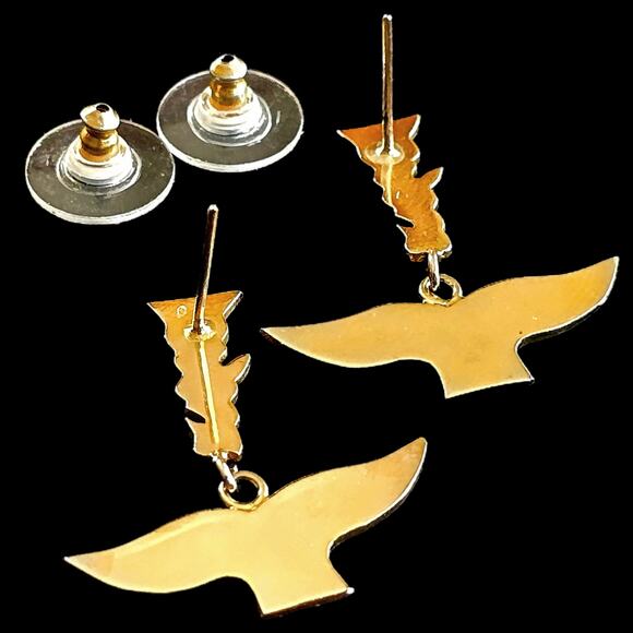 Vintage 9k Yellow Gold Over Silver Dangle Stud Whale Fin Post Sterling Earrings - Picture 7 of 10